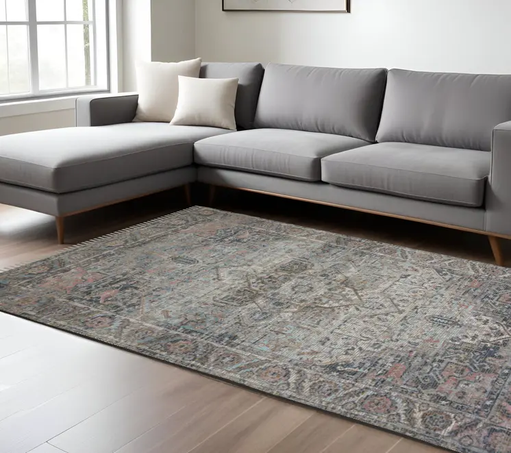 8' X 10' Light Blue Gray And Pink Oriental Hand Woven Area Rug With Fringe