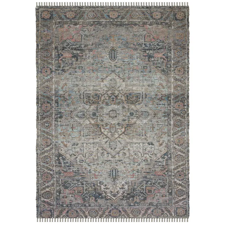 8' X 10' Light Blue Gray And Pink Oriental Hand Woven Area Rug With Fringe