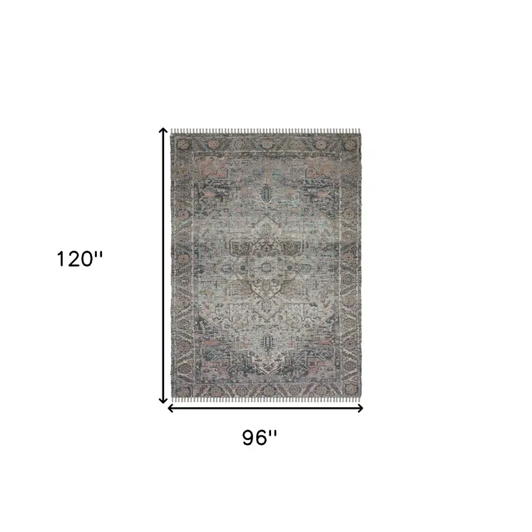 8' X 10' Light Blue Gray And Pink Oriental Hand Woven Area Rug With Fringe