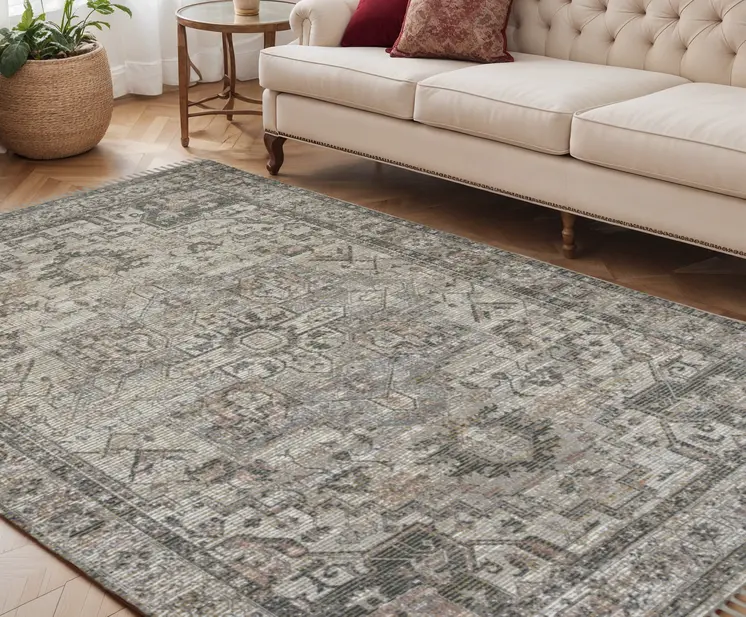 5' X 7' Gray Dark Gray And Dark Pink Oriental Hand Woven Area Rug With Fringe