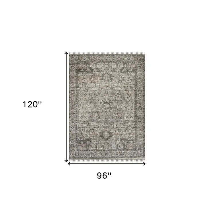 8' X 10' Gray Dark Gray And Dark Pink Oriental Hand Woven Area Rug With Fringe