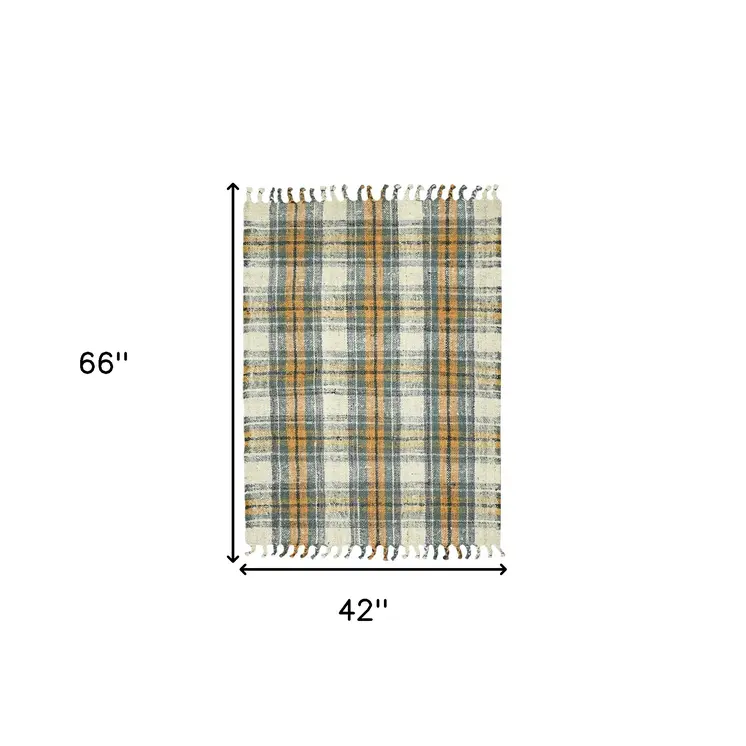 4' X 6' Orange Green And Ivory Jute Plaid Hand Woven Area Rug With Fringe