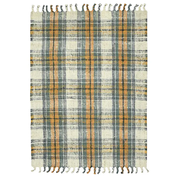 5' X 7' Orange Green And Ivory Jute Plaid Hand Woven Area Rug With Fringe