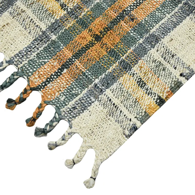 5' X 7' Orange Green And Ivory Jute Plaid Hand Woven Area Rug With Fringe