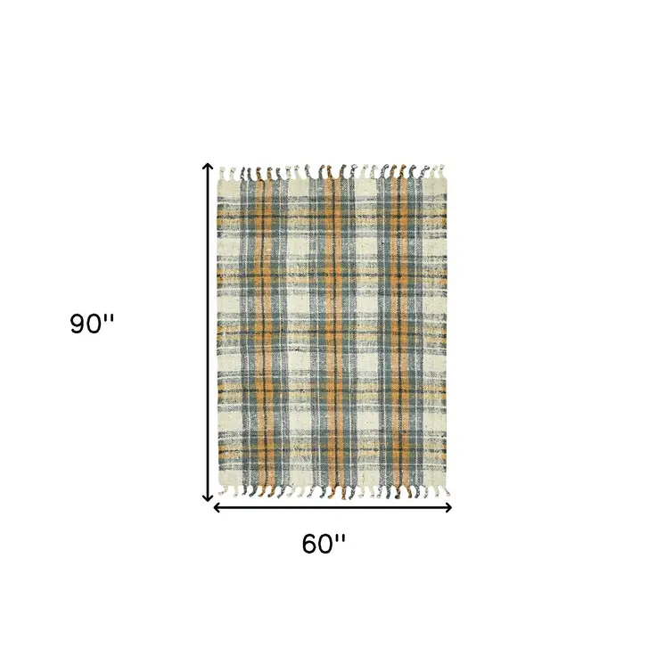5' X 7' Orange Green And Ivory Jute Plaid Hand Woven Area Rug With Fringe