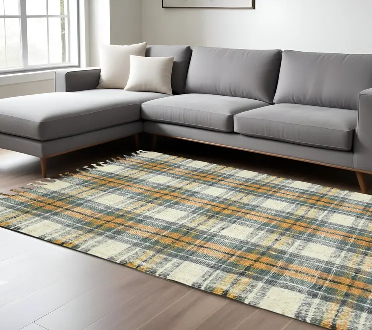 8' X 10' Orange Green And Ivory Jute Plaid Hand Woven Area Rug With Fringe