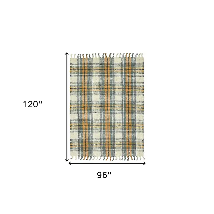 8' X 10' Orange Green And Ivory Jute Plaid Hand Woven Area Rug With Fringe