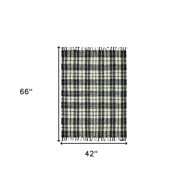 4' X 6' Black And Ivory Jute Plaid Hand Woven Area Rug With Fringe