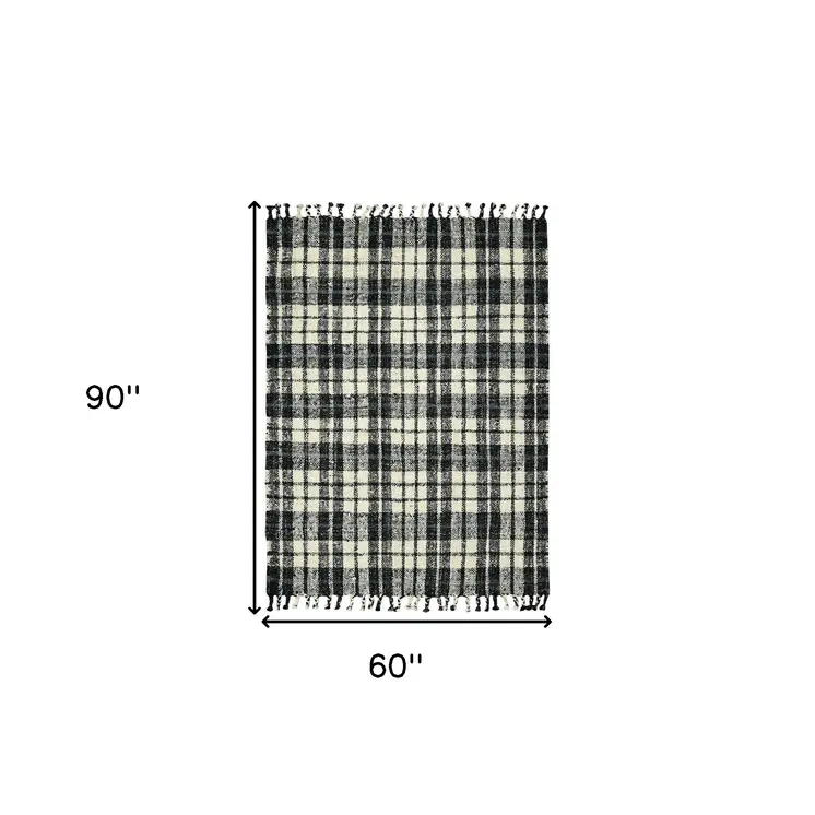 5' X 7' Black And Ivory Jute Plaid Hand Woven Area Rug With Fringe