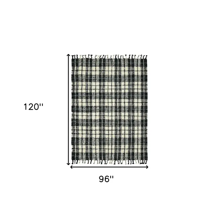 8' X 10' Black And Ivory Jute Plaid Hand Woven Area Rug With Fringe