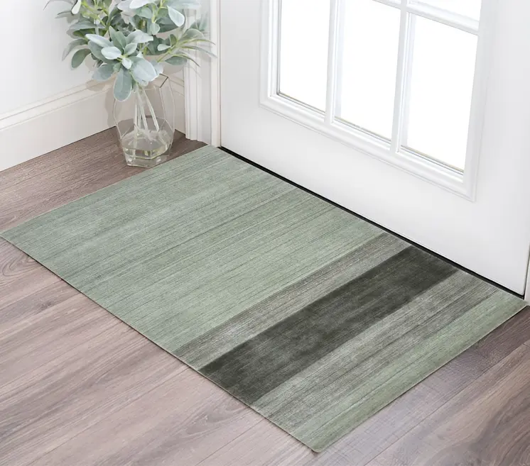 2' X 3' Gray And Light Green Wool Striped Hand Woven Area Rug