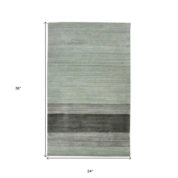 2' X 3' Gray And Light Green Wool Striped Hand Woven Area Rug