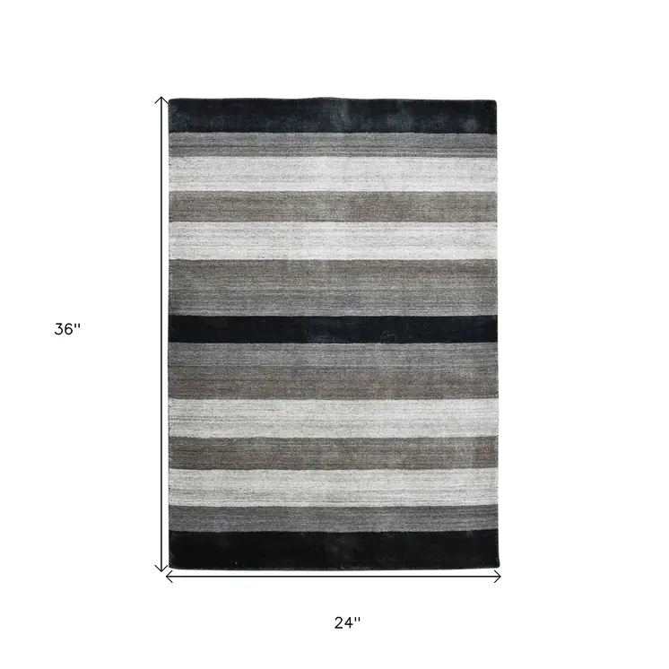 2' X 3' Black And Gray Wool Striped Hand Woven Area Rug