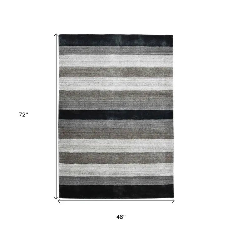 4' X 6' Black And Gray Wool Striped Hand Woven Area Rug