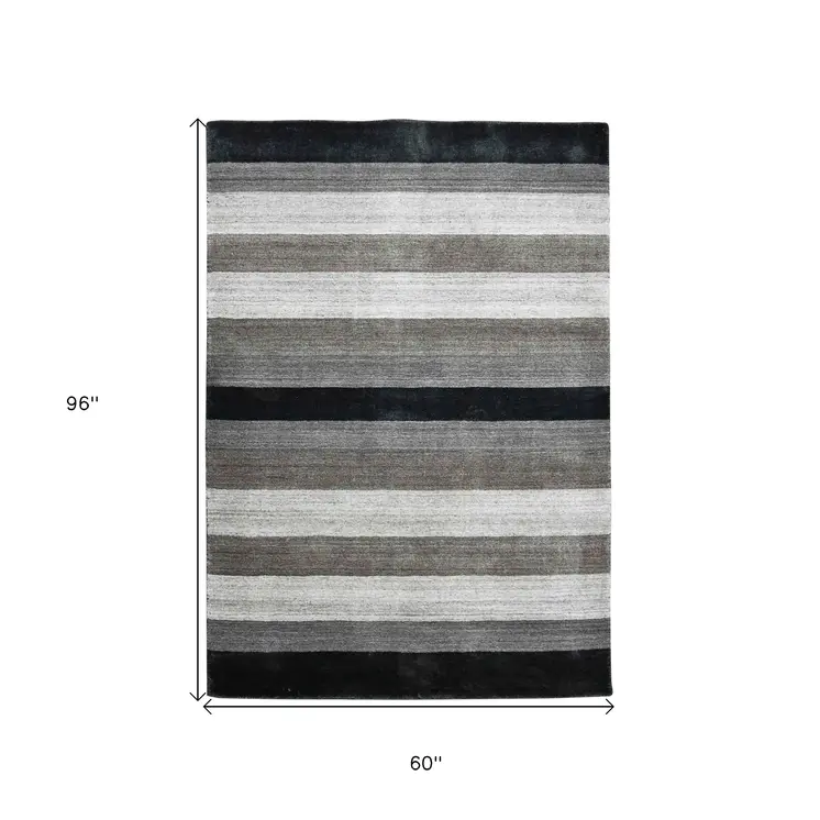 5' X 8' Black And Gray Wool Striped Hand Woven Area Rug