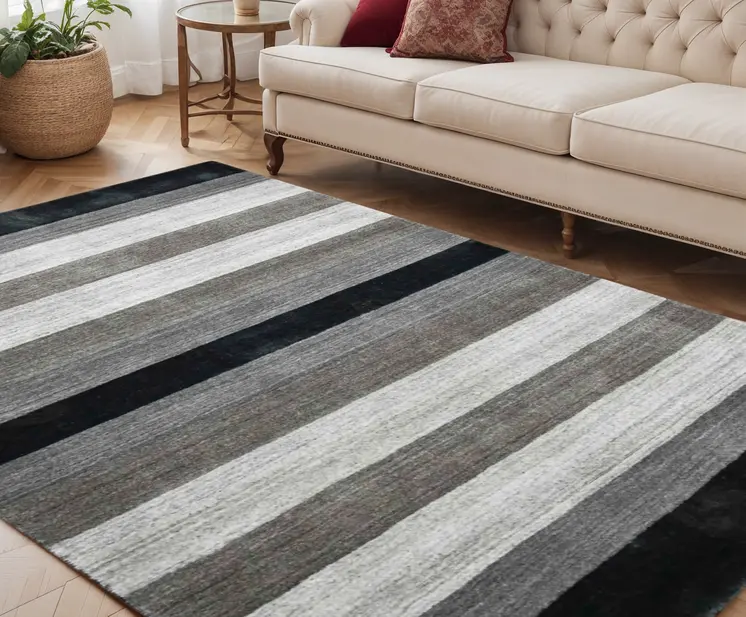 5' X 8' Black And Gray Wool Striped Hand Woven Area Rug