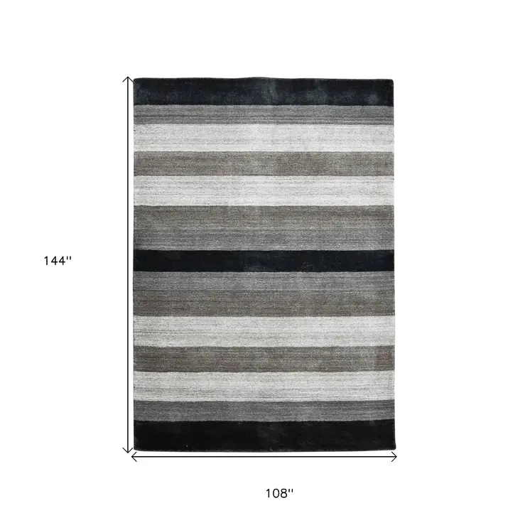9' X 12' Black And Gray Wool Striped Hand Woven Area Rug