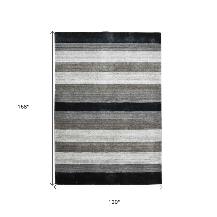 10' X 14' Black And Gray Wool Striped Hand Woven Area Rug