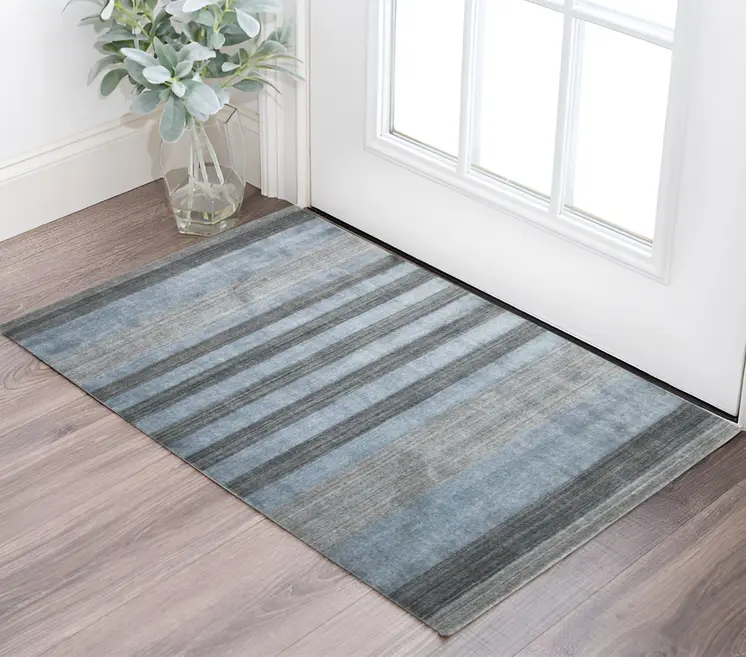 2' X 3' Gray And Light Blue Wool Striped Hand Woven Area Rug