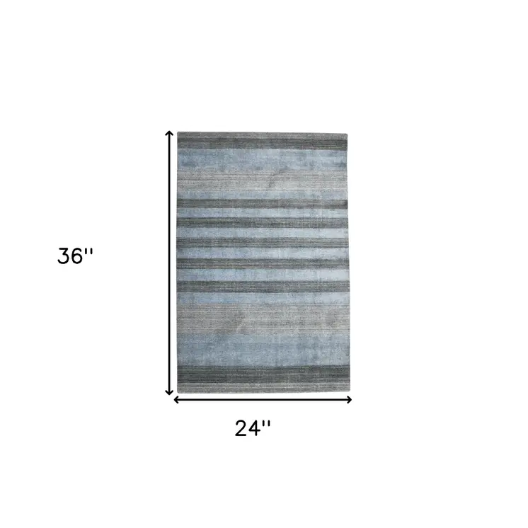 2' X 3' Gray And Light Blue Wool Striped Hand Woven Area Rug