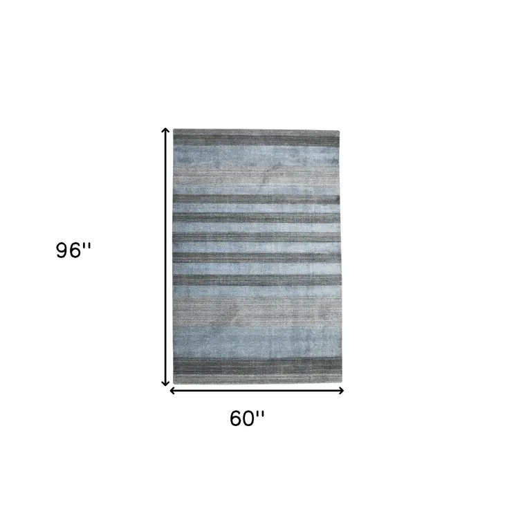 5' X 8' Gray And Light Blue Wool Striped Hand Woven Area Rug