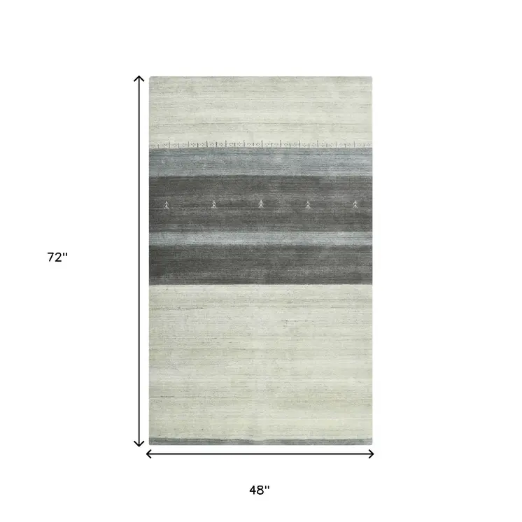 4' X 6' Ivory Gray And Green Wool Striped Hand Woven Area Rug