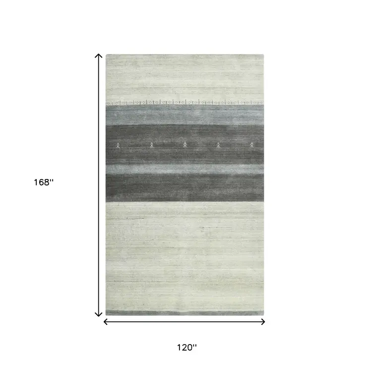 10' X 14' Ivory Gray And Green Wool Striped Hand Woven Area Rug