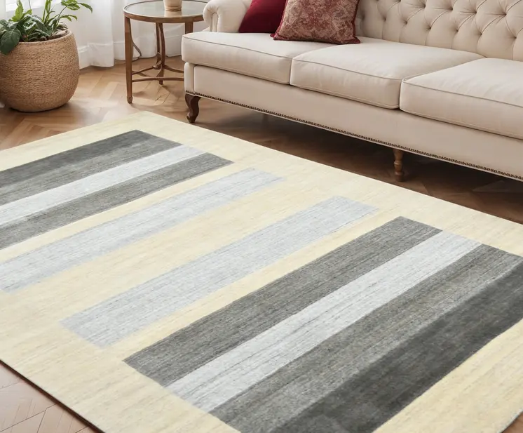 5' X 8' Ivory And Gray Wool Striped Hand Woven Area Rug