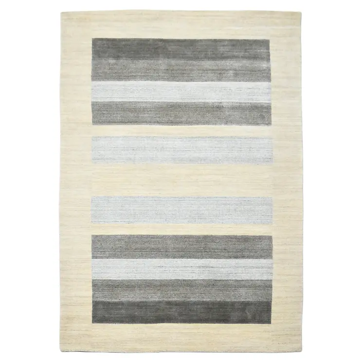 5' X 8' Ivory And Gray Wool Striped Hand Woven Area Rug