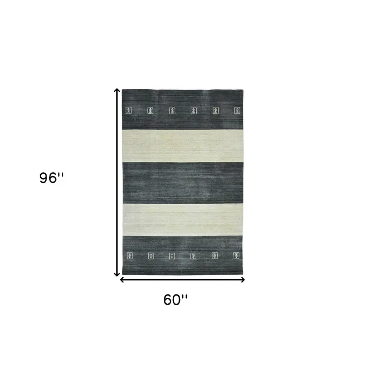 5' X 8' Charcoal And Ivory Wool Striped Hand Woven Area Rug
