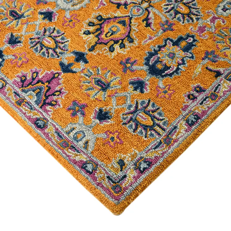 5' X 8' Orange Purple And Blue Wool Floral Hand Tufted Area Rug