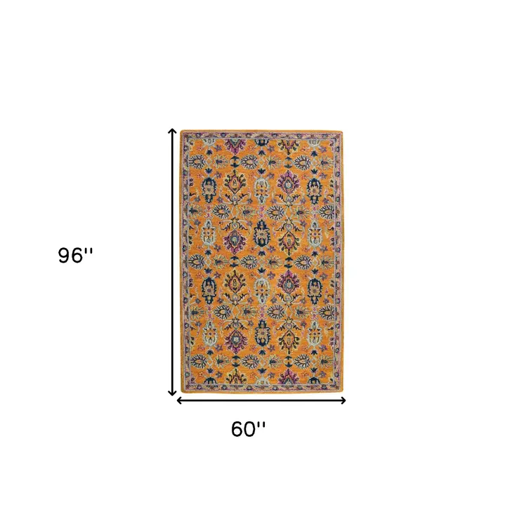 5' X 8' Orange Purple And Blue Wool Floral Hand Tufted Area Rug
