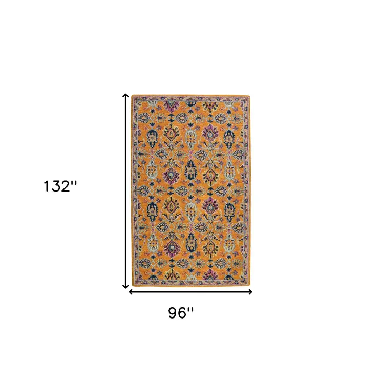 8' X 11' Orange Purple And Blue Wool Floral Hand Tufted Area Rug