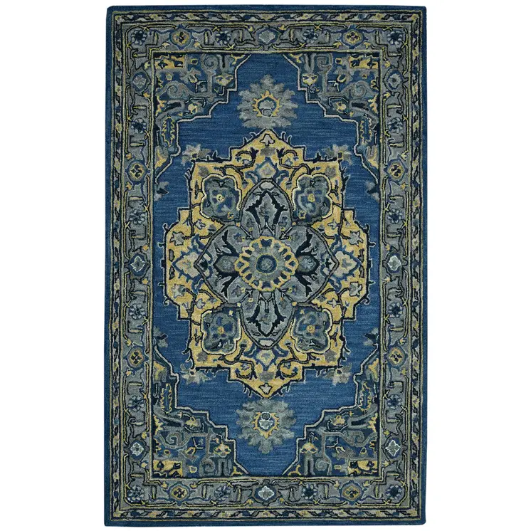 2' X 3' Teal And Gray Wool Medallion Hand Tufted Area Rug