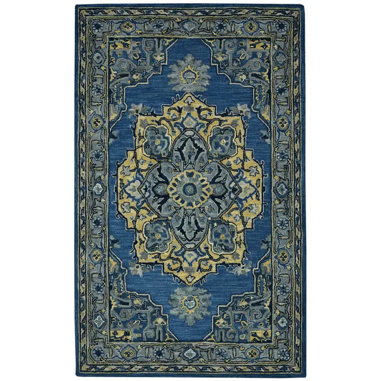 2' X 3' Teal And Gray Wool Medallion Hand Tufted Area Rug