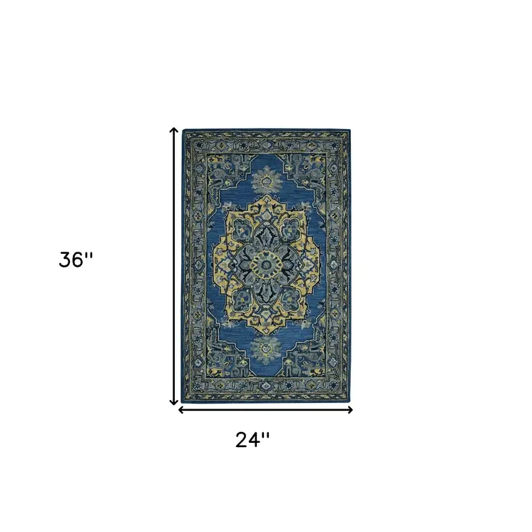2' X 3' Teal And Gray Wool Medallion Hand Tufted Area Rug