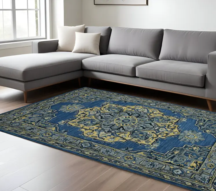 8' X 10' Teal And Gray Wool Medallion Hand Tufted Area Rug