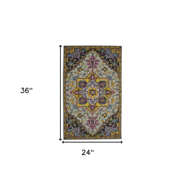 2' X 3' Gray Purple And Gold Wool Medallion Hand Tufted Area Rug