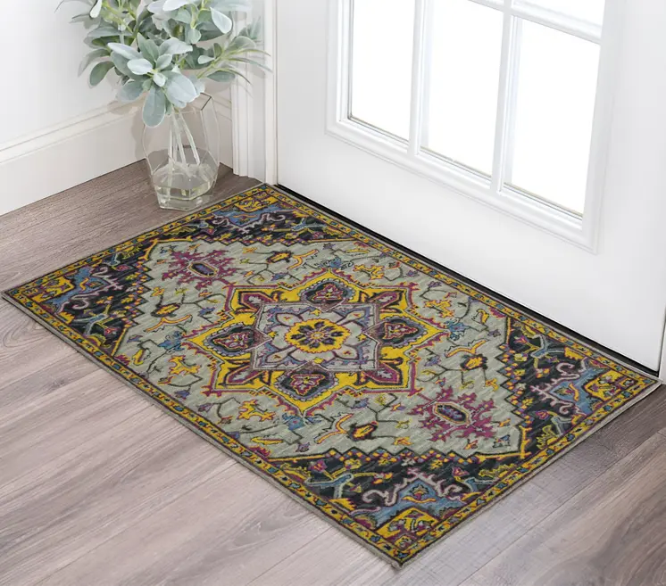2' X 3' Gray Purple And Gold Wool Medallion Hand Tufted Area Rug