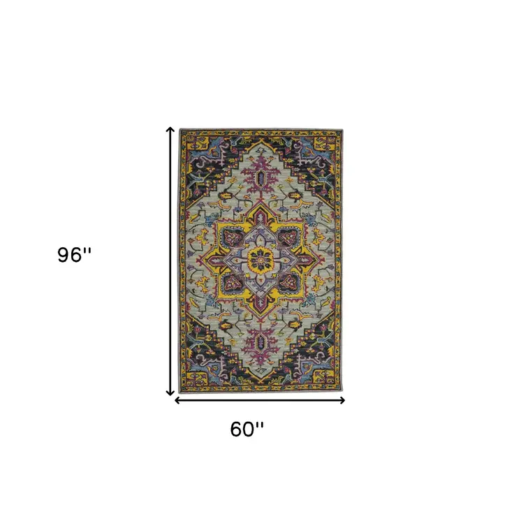 5' X 8' Gray Purple And Gold Wool Medallion Hand Tufted Area Rug