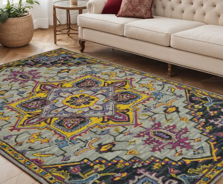 5' X 8' Gray Purple And Gold Wool Medallion Hand Tufted Area Rug