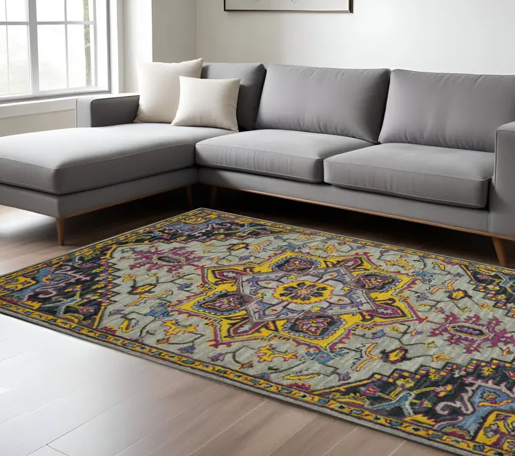 8' X 10' Gray Purple And Gold Wool Medallion Hand Tufted Area Rug