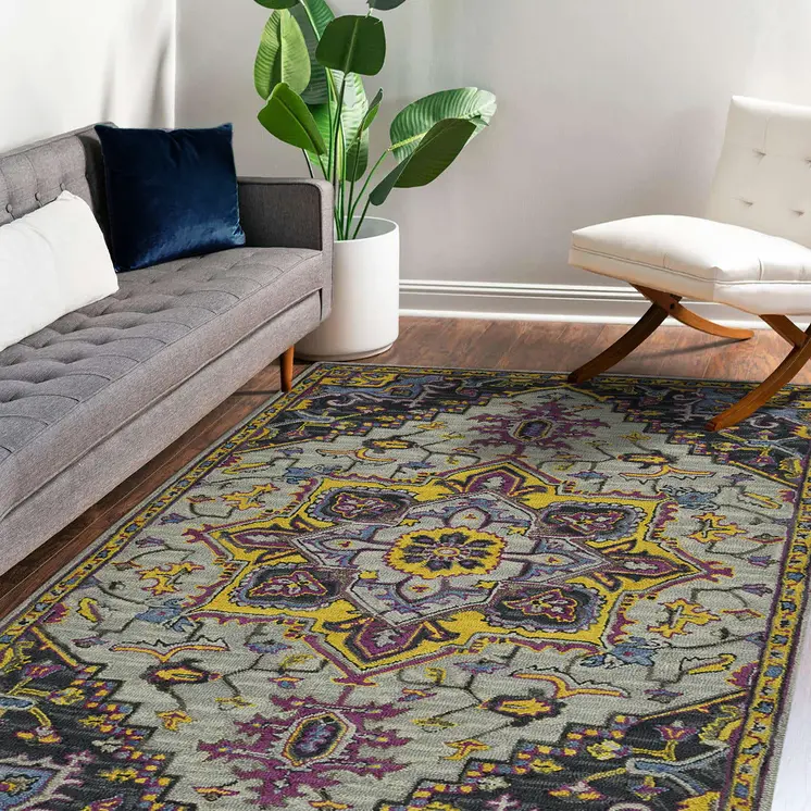 8' X 11' Gray Purple And Gold Wool Medallion Hand Tufted Area Rug