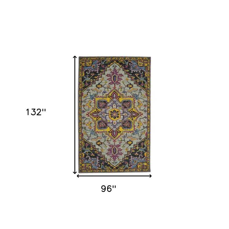 8' X 11' Gray Purple And Gold Wool Medallion Hand Tufted Area Rug