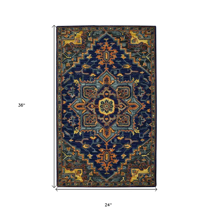 2' X 3' Blue Teal And Brick Red Wool Medallion Hand Tufted Area Rug