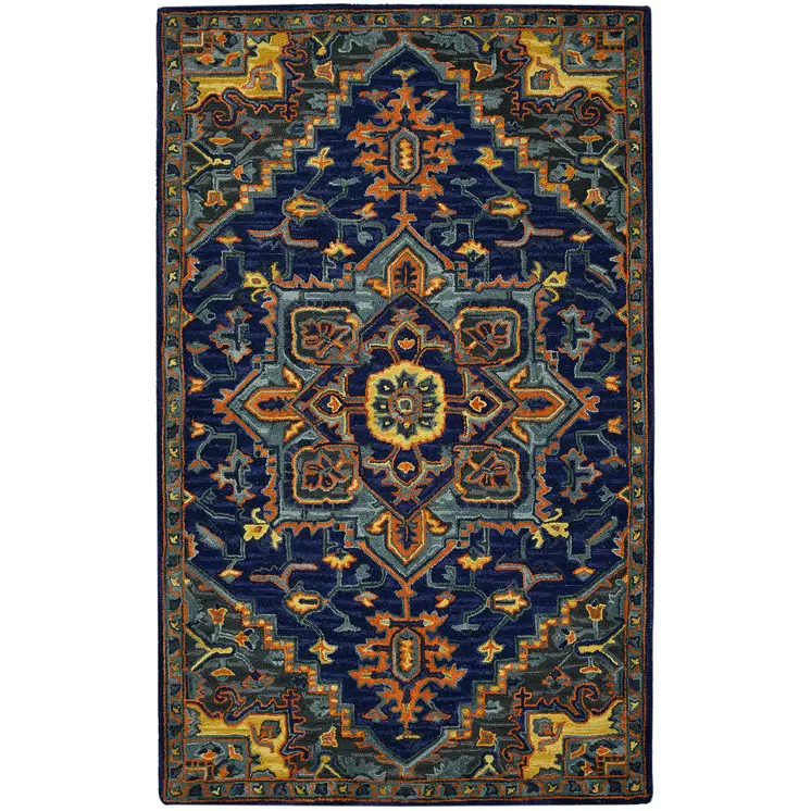 8' X 10' Blue Teal And Brick Red Wool Medallion Hand Tufted Area Rug