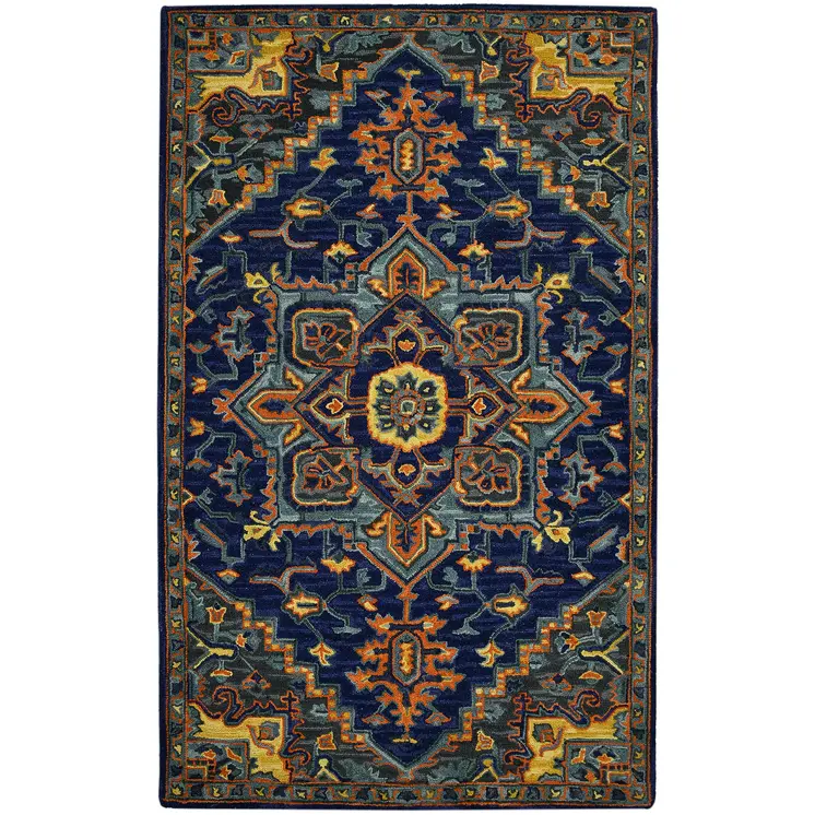 8' X 10' Blue Teal And Brick Red Wool Medallion Hand Tufted Area Rug