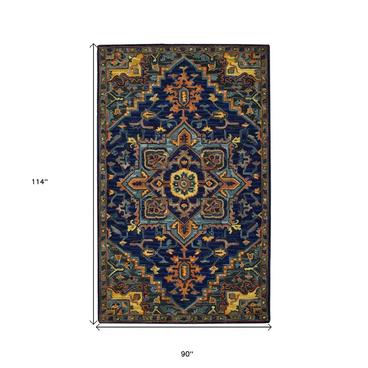 8' X 10' Blue Teal And Brick Red Wool Medallion Hand Tufted Area Rug