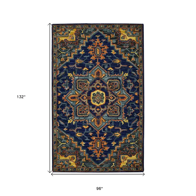 8' X 11' Blue Teal And Brick Red Wool Medallion Hand Tufted Area Rug
