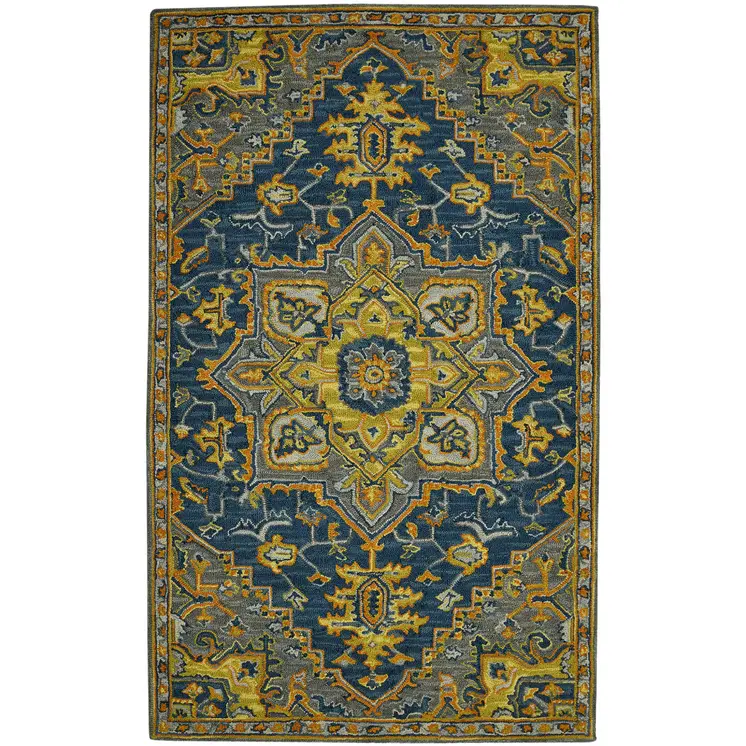 8' X 10' Blue Gray And Orange Wool Medallion Hand Tufted Area Rug